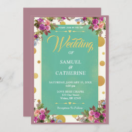 ヴィンテージグリーンドットピンクブルーフローラ 招待状