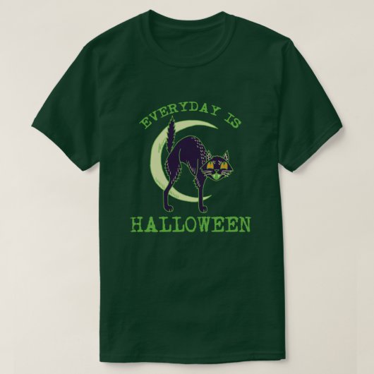 ヴィンテージグリーンハロウィーン猫 – 毎日ハロウィーン Tシャツ (デザイン正面)