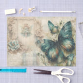 ヴィンテージグリーンバタフライコラージュデカップージ紙 薄葉紙 (クラフト)