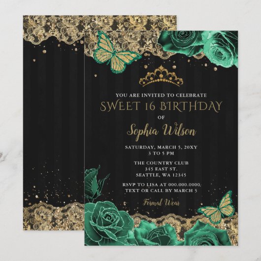 ヴィンテージグリーンバラブラック金ゴールドレーススウィート16 招待状 (正面/裏面)