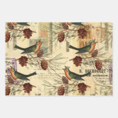 ヴィンテージグリーンバードとパインコーン ラッピングペーパーシート (正面)