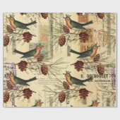 ヴィンテージグリーンバードとパインコーン ラッピングペーパー (フラット)