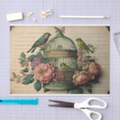 ヴィンテージグリーンバードケージの鳥とフローラの分離 薄葉紙 (クラフト)