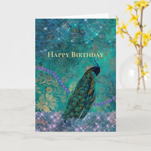 ヴィンテージグリーンパープルピーコックウォーターカラー誕生日 カード (黄色い花)