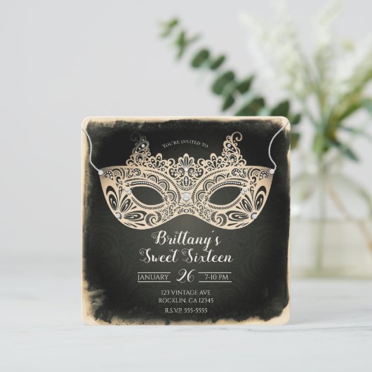 ヴィンテージグリーンパールマスカレードマスクスウィート16パーティー 招待状 (スタンド正面)