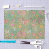 ヴィンテージグリーンピンクのフローラ切り離しティッシュペーパー 薄葉紙 (クラフト)
