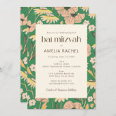 ヴィンテージグリーンピンクガーデンフローラバルミツワー 招待状 (正面/裏面)