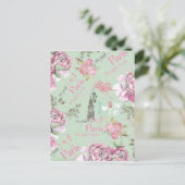 ヴィンテージグリーンピンクフローラコラージュタイポグラフィ ポストカード (スタンド正面)