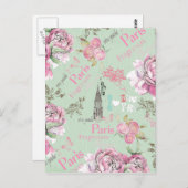 ヴィンテージグリーンピンクフローラコラージュタイポグラフィ ポストカード (正面/裏面)