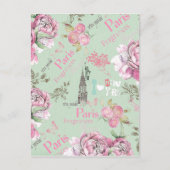 ヴィンテージグリーンピンクフローラコラージュタイポグラフィ ポストカード (正面)
