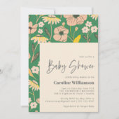 ヴィンテージグリーンピンクフローラスクリプトかわいい赤ちゃんシャワー 招待状 (正面)