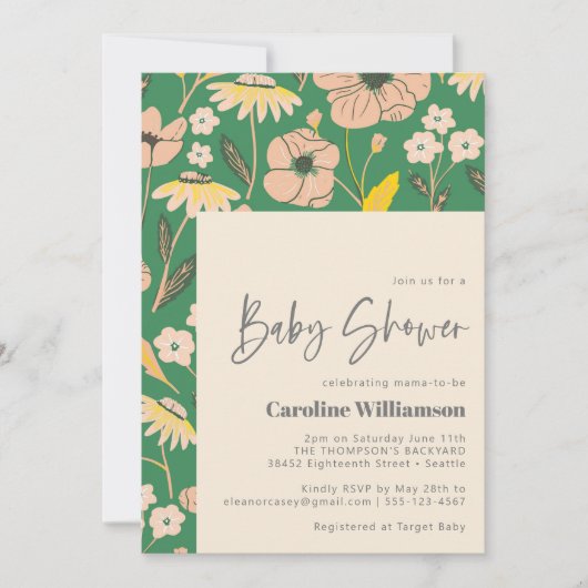 ヴィンテージグリーンピンクフローラスクリプトかわいい赤ちゃんシャワー 招待状 (正面)
