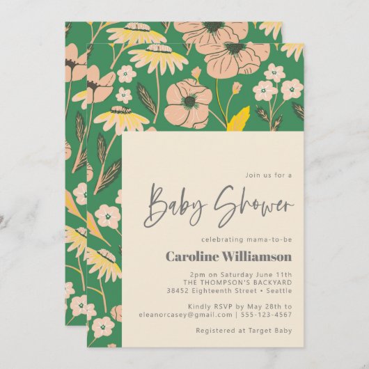 ヴィンテージグリーンピンクフローラスクリプトかわいい赤ちゃんシャワー 招待状 (正面/裏面)