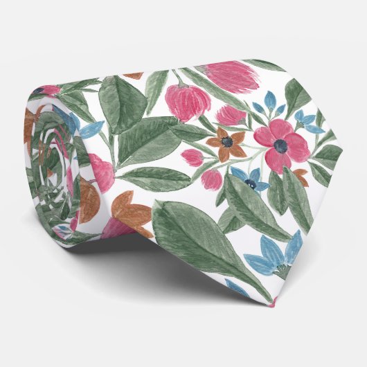 ヴィンテージグリーンピンクブルーウォーターカラーフローラルパターン ネクタイ (ロール)