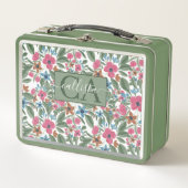 ヴィンテージグリーンピンクブルーウォーターカラーフローラルパターン メタルランチボックス (正面)