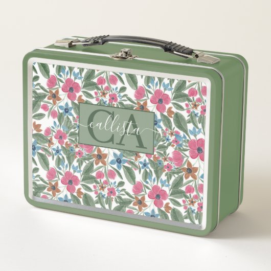 ヴィンテージグリーンピンクブルーウォーターカラーフローラルパターン メタルランチボックス (正面)