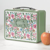 ヴィンテージグリーンピンクブルーウォーターカラーフローラルパターン メタルランチボックス (インサイチュ)