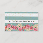 ヴィンテージグリーンピンクローズ金ゴールドストライプ紙吹雪 名刺 (正面)