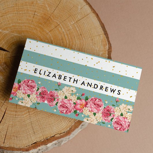 ヴィンテージグリーンピンクローズ金ゴールドストライプ紙吹雪 名刺