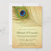 ヴィンテージグリーンピーコックフェザーインディアン結婚ズ 招待状 (正面)