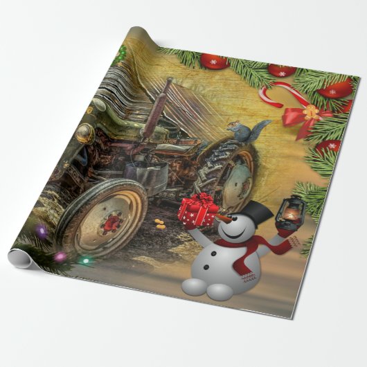 ヴィンテージグリーンファームトラクタークリスマスバ素朴ーン ラッピングペーパー (アンロールド)