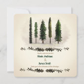 ヴィンテージグリーンフォレストツリーズ素朴ウッドシ結婚ーズ 招待状 (正面)