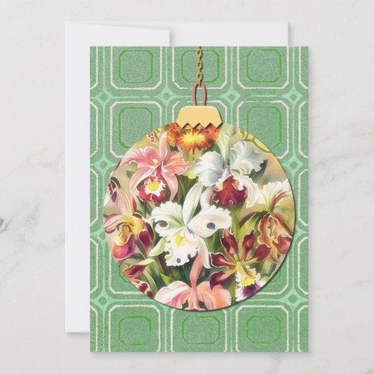 ヴィンテージグリーンフローラアートクリスマスオーナメントカード シーズンカード (正面)