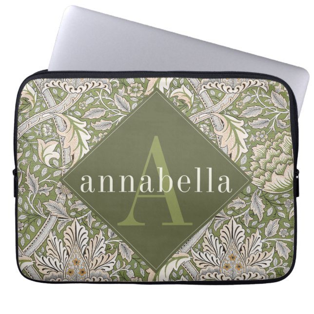 ヴィンテージグリーンフローラウィリアムモリスモノグラム ラップトップスリーブ (正面)