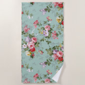 ヴィンテージグリーンフローラデザイン ビーチタオル (正面)