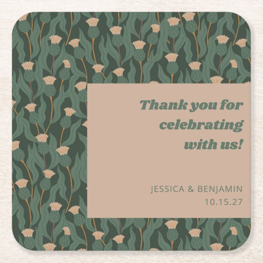 ヴィンテージグリーンフローラボホ結婚のカスタムありがとう スクエアペーパーコースター (正面)