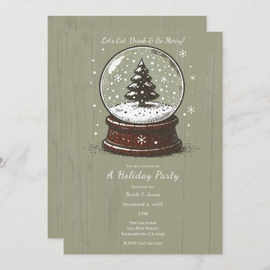 ヴィンテージグリーンホリデースノーグローブクリスマスパーティー 招待状 (正面/裏面)