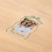 ヴィンテージグリーンボウメリークリスマスフォト アクリル招待状 (レイダウン)