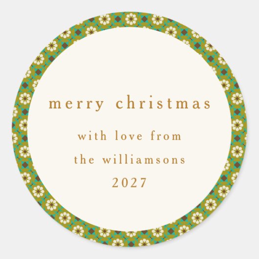 ヴィンテージグリーンボホフローラカスタムメリークリスマス ラウンドシール (正面)