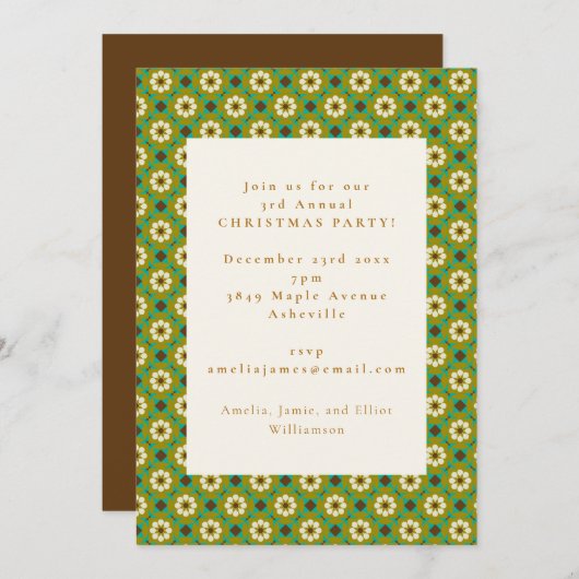 ヴィンテージグリーンボホフローラクリスマスホリデーパーティー 招待状 (正面/裏面)