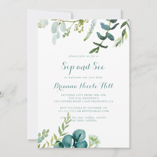 ヴィンテージグリーンユーカリ書道のsipと参照 招待状 (正面)