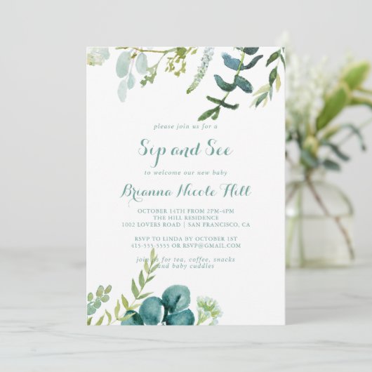 ヴィンテージグリーンユーカリ書道のsipと参照 招待状 (スタンド正面)