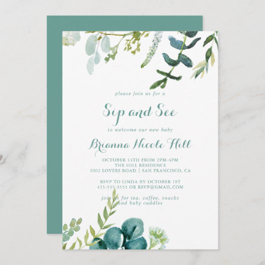 ヴィンテージグリーンユーカリ書道のsipと参照 招待状 (正面/裏面)