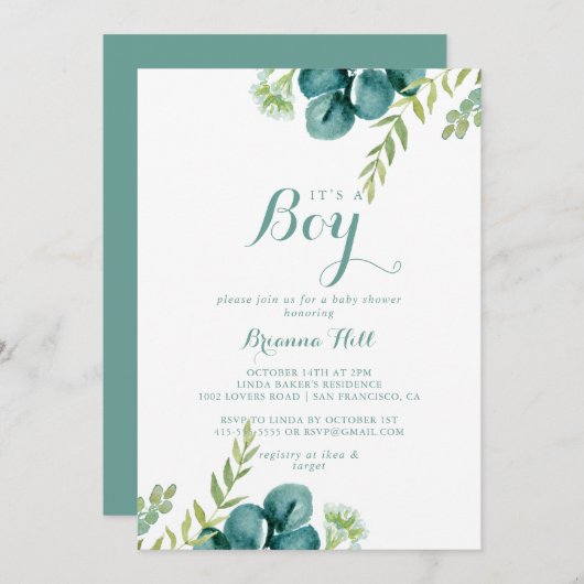ヴィンテージグリーンユーカリ男の子の赤ちゃんシャワー 招待状 (正面/裏面)