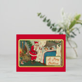 ヴィンテージグリーンレッドクリスマスイブサンタギフトボーイズ 箔シーズンポストカード (立ち正面)