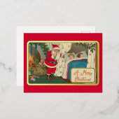 ヴィンテージグリーンレッドクリスマスイブサンタギフトボーイズ 箔シーズンポストカード (正面/裏面)