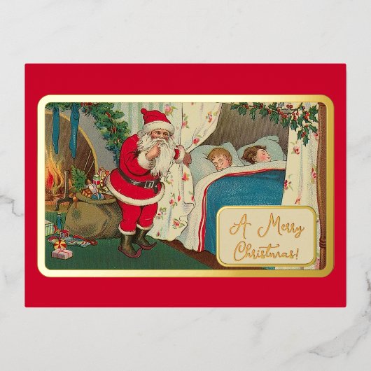 ヴィンテージグリーンレッドクリスマスイブサンタギフトボーイズ 箔シーズンポストカード (正面)