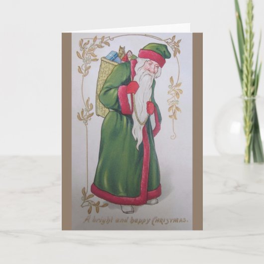 ヴィンテージグリーンローブサンタクリスマスグリーティングカード シーズンカード (正面)