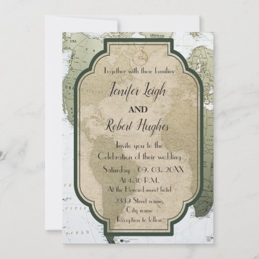 ヴィンテージグリーンワールド旅行をテーマ結婚にした 招待状 (正面)