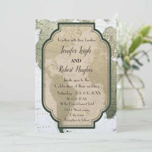 ヴィンテージグリーンワールド旅行をテーマ結婚にした 招待状 (スタンド正面)