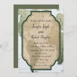 ヴィンテージグリーンワールド旅行をテーマ結婚にした 招待状