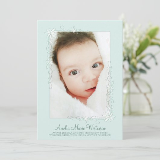 ヴィンテージグリーン出産のお知らせ男女兼用 招待状 (スタンド正面)