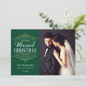 ヴィンテージグリーン結婚した金ゴールドの結婚クリスマス写真 シーズンカード (スタンド正面)