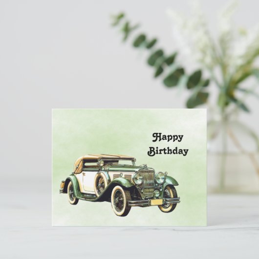 ヴィンテージグリーン自動水色誕生日 ポストカード (スタンド正面)