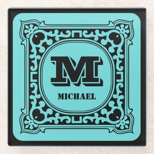ヴィンテージグリーン装飾アルファベット名モノグラム ガラスコースター (正面)
