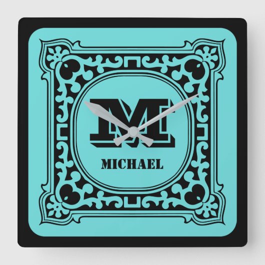 ヴィンテージグリーン装飾アルファベット名モノグラム スクエア壁時計 (正面)